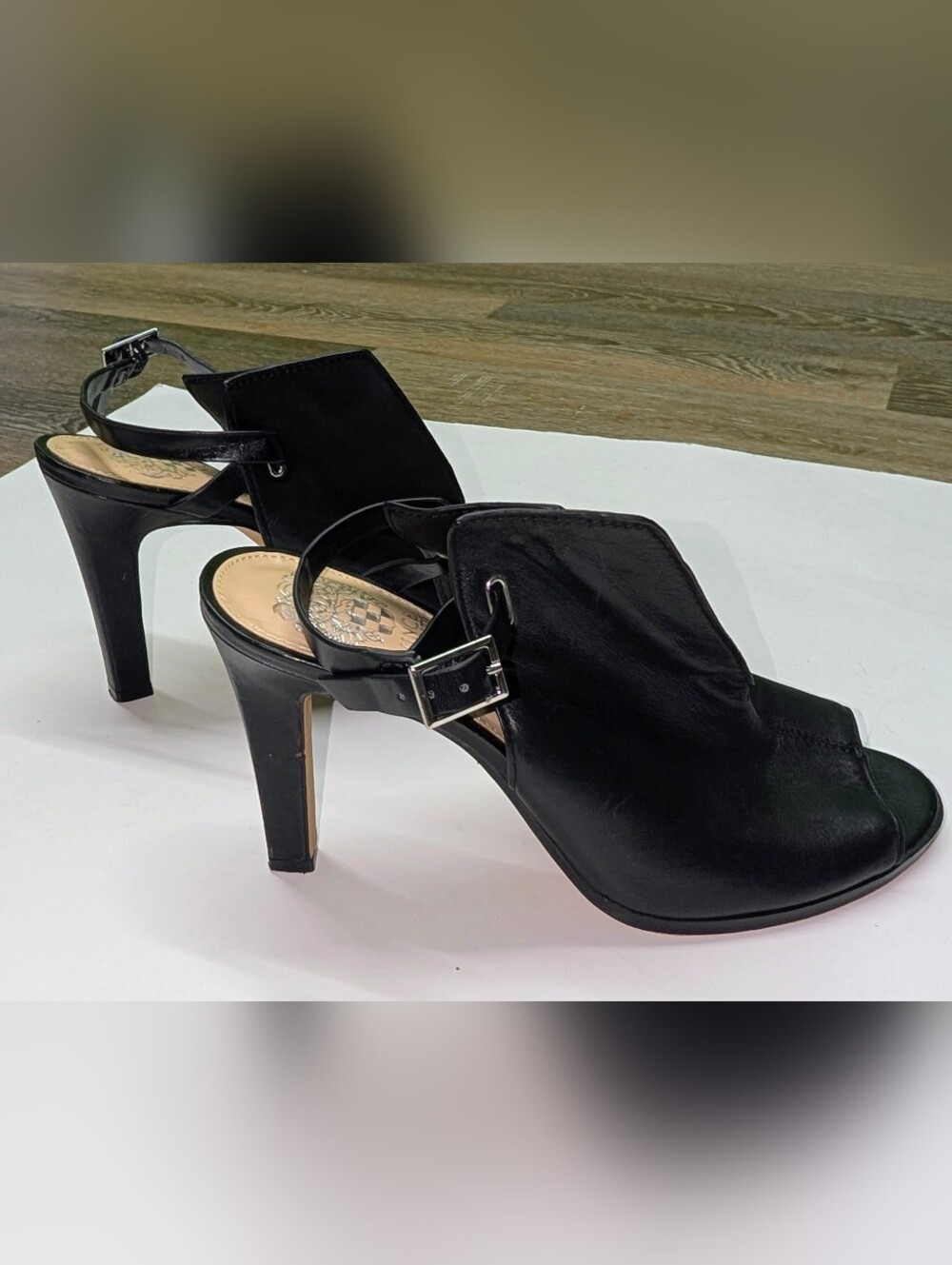 Vince Camuto Black Leather Kembia Peep-Toe Slingback Heels Size 8.5